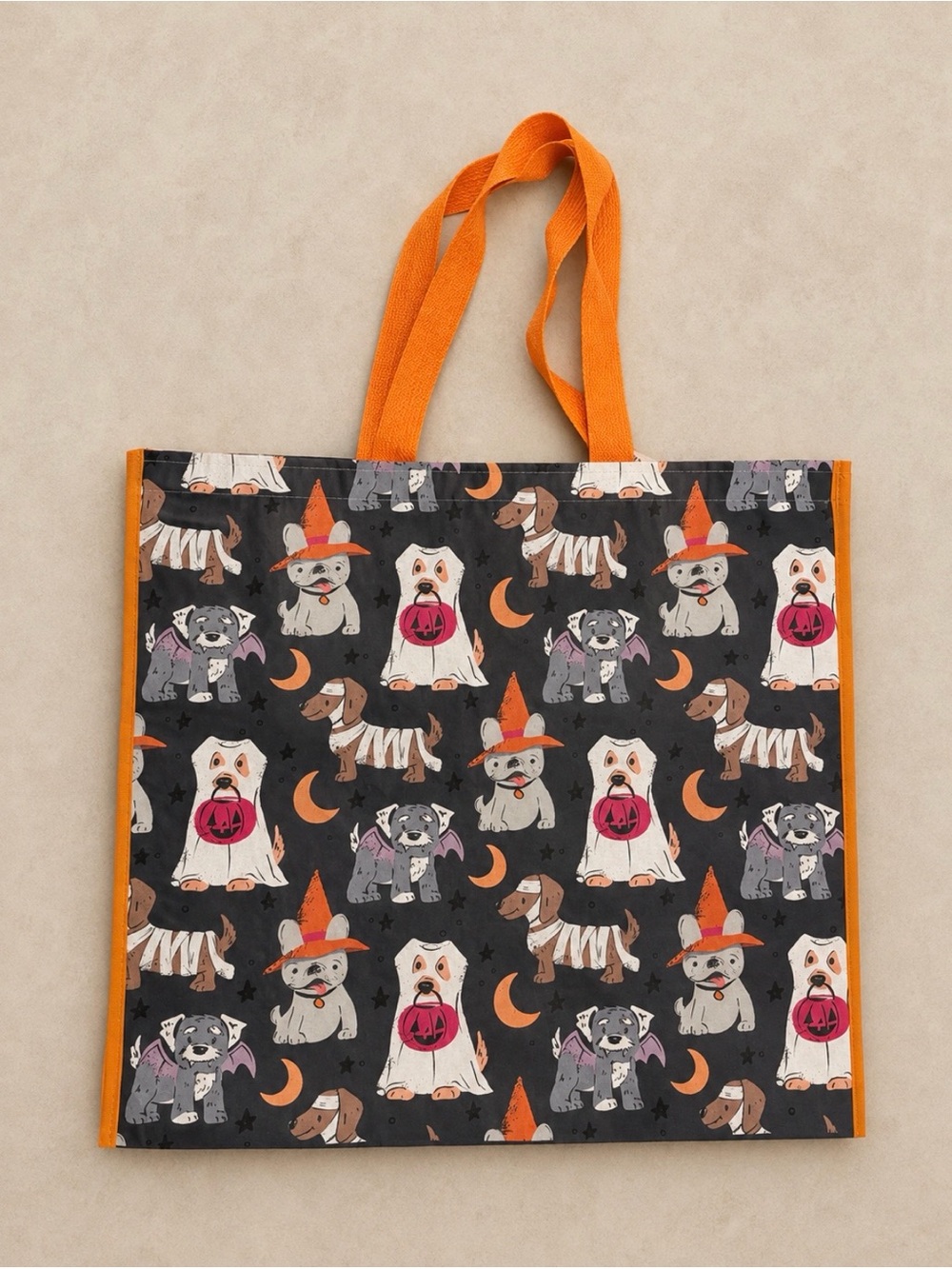 Trick or treating dog print reusable tote bag